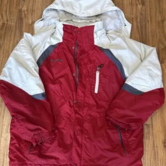 Columbia Hooded Winter Coat Mens Large Red White Gray - Picture 1 of 6